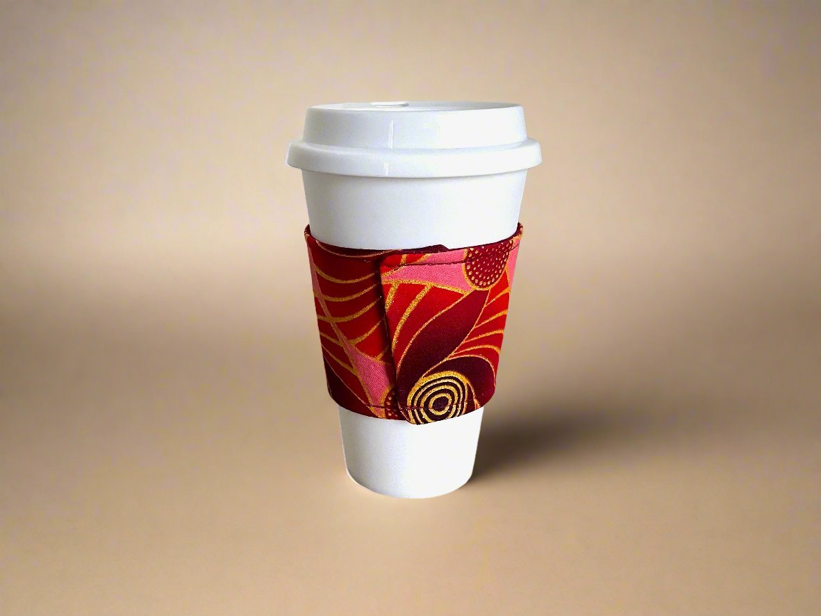 Ethnic, Fabric, Patterned, Handmade Light Maroon, Red, and Gold Cup Sleeve - Gezia Accents