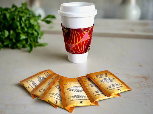 Ethnic, Fabric, Patterned, Handmade Light Maroon, Red, and Gold Cup Sleeve - Gezia Accents