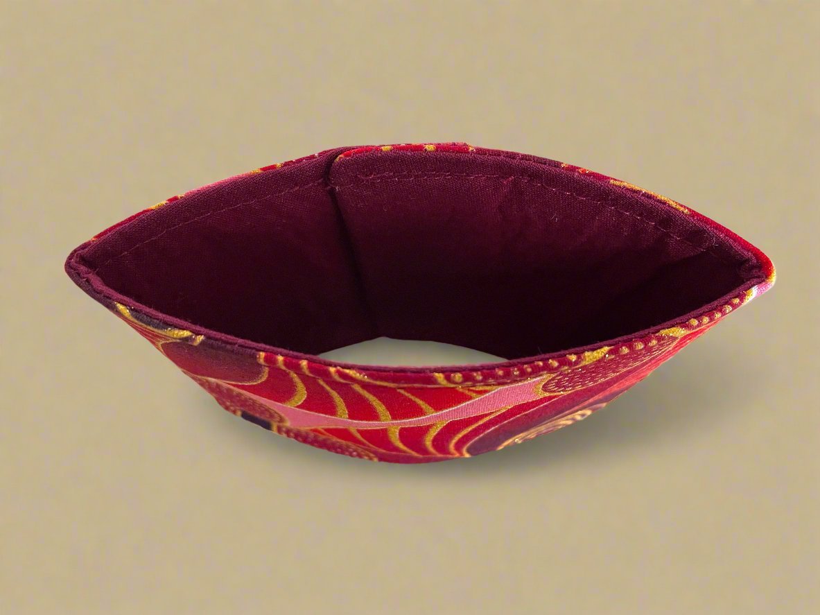 Ethnic, Fabric, Patterned, Handmade Light Maroon, Red, and Gold Cup Sleeve - Gezia Accents