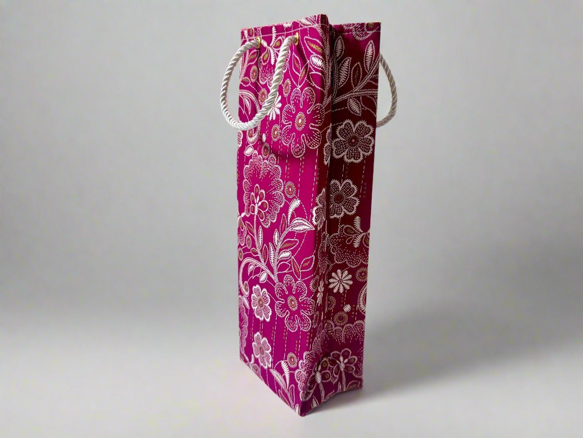 Ethnic, Fabric, Patterned, Handmade Magenta, White, and Gold Wine Gift Bag - Gezia Accents