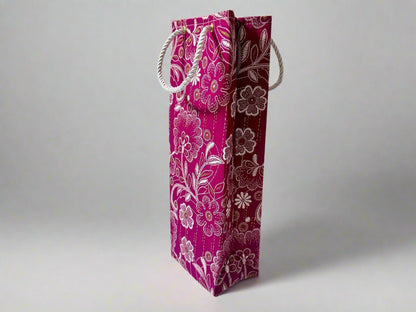 Ethnic, Fabric, Patterned, Handmade Magenta, White, and Gold Wine Gift Bag - Gezia Accents