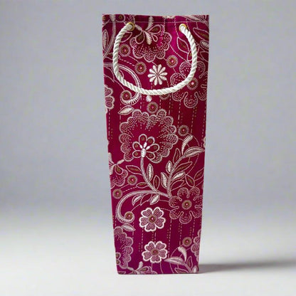 Ethnic, Fabric, Patterned, Handmade Magenta, White, and Gold Wine Gift Bag - Gezia Accents