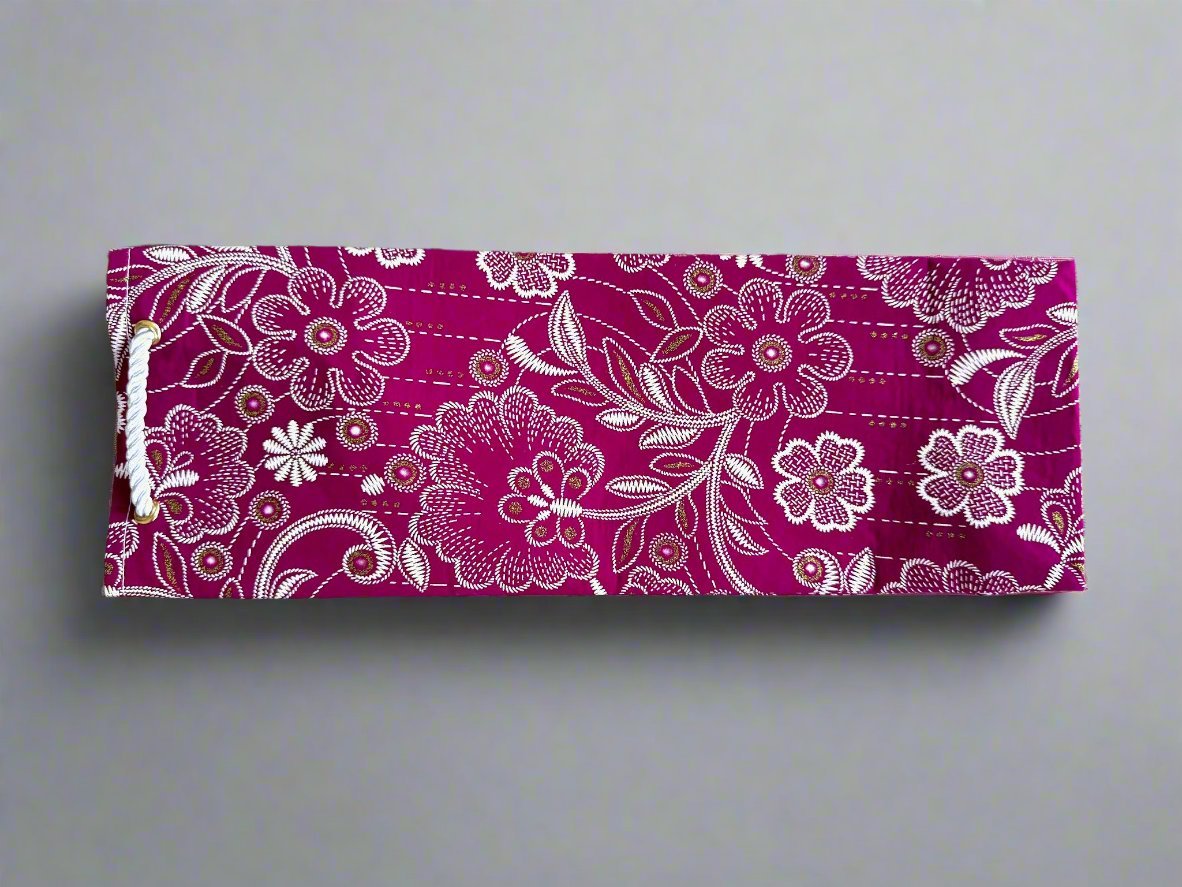 Ethnic, Fabric, Patterned, Handmade Magenta, White, and Gold Wine Gift Bag - Gezia Accents