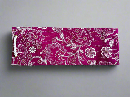 Ethnic, Fabric, Patterned, Handmade Magenta, White, and Gold Wine Gift Bag - Gezia Accents