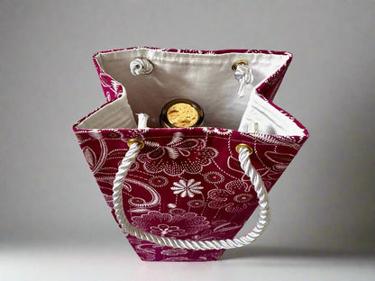 Ethnic, Fabric, Patterned, Handmade Magenta, White, and Gold Wine Gift Bag - Gezia Accents