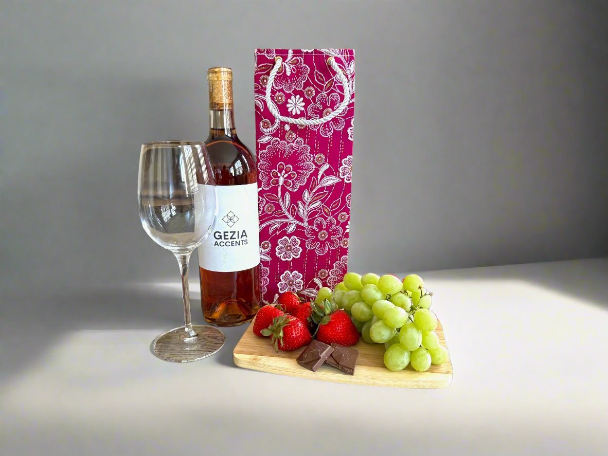 Ethnic, Fabric, Patterned, Handmade Magenta, White, and Gold Wine Gift Bag - Gezia Accents