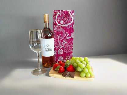 Ethnic, Fabric, Patterned, Handmade Magenta, White, and Gold Wine Gift Bag - Gezia Accents