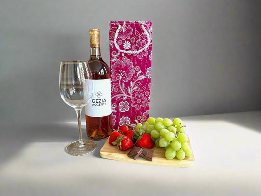 Ethnic, Fabric, Patterned, Handmade Magenta, White, and Gold Wine Gift Bag - Gezia Accents