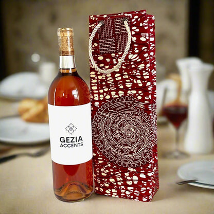 Ethnic, Fabric, Patterned, Handmade Maroon and Cream Wine Gift Bag - Gezia Accents