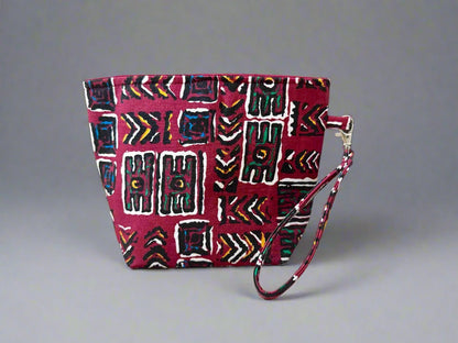 Ethnic, Fabric, Patterned, Handmade Maroon, Black, White, Blue, and Gold Mini Tote - Gezia Accents