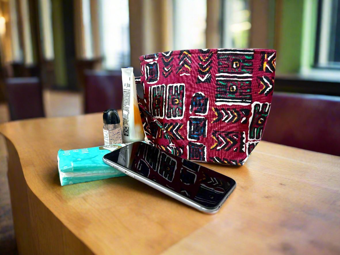 Ethnic, Fabric, Patterned, Handmade Maroon, Black, White, Blue, and Gold Mini Tote - Gezia Accents