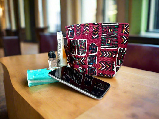 Ethnic, Fabric, Patterned, Handmade Maroon, Black, White, Blue, and Gold Mini Tote - Gezia Accents