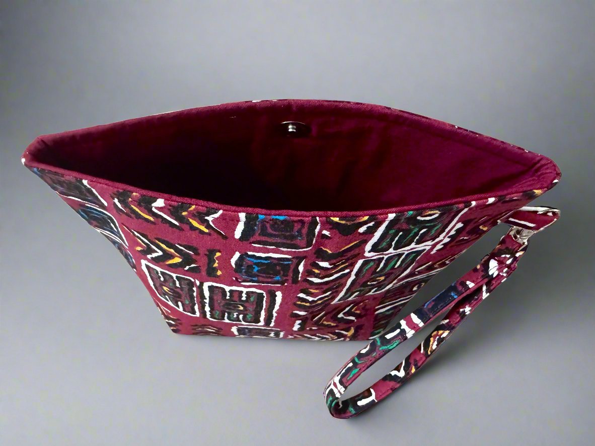 Ethnic, Fabric, Patterned, Handmade Maroon, Black, White, Blue, and Gold Mini Tote - Gezia Accents