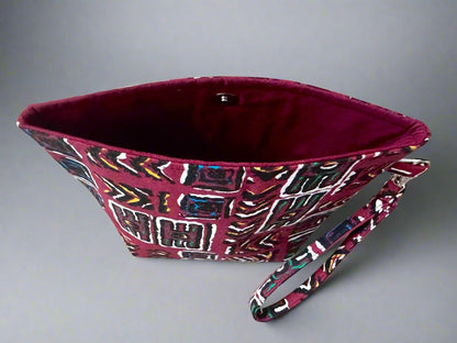 Ethnic, Fabric, Patterned, Handmade Maroon, Black, White, Blue, and Gold Mini Tote - Gezia Accents