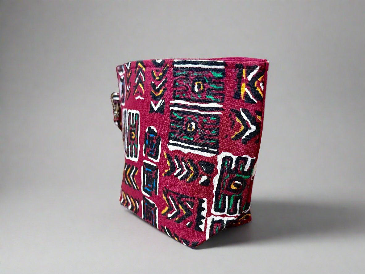 Ethnic, Fabric, Patterned, Handmade Maroon, Black, White, Blue, and Gold Mini Tote - Gezia Accents