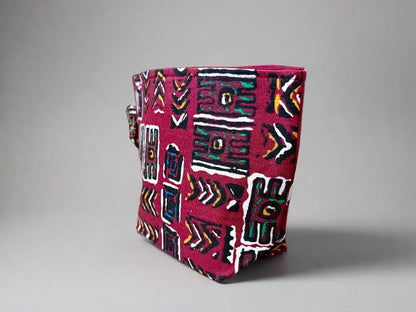 Ethnic, Fabric, Patterned, Handmade Maroon, Black, White, Blue, and Gold Mini Tote - Gezia Accents