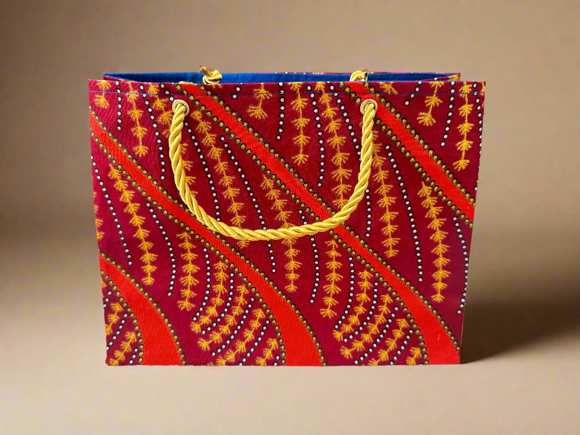 Ethnic, Fabric, Patterned, Handmade Maroon, Blue, Orange, and Gold Small Wardrobe Bag - Gezia Accents