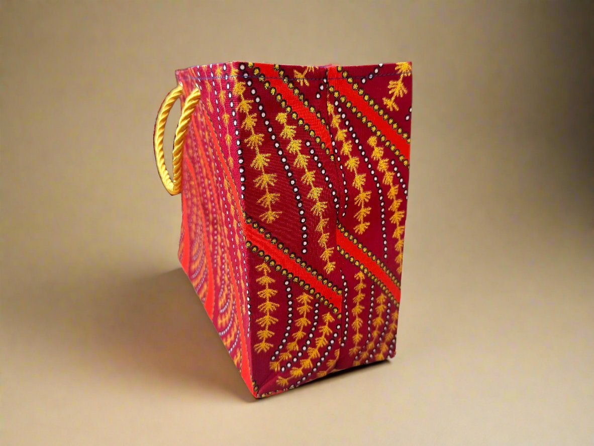 Ethnic, Fabric, Patterned, Handmade Maroon, Blue, Orange, and Gold Small Wardrobe Bag - Gezia Accents