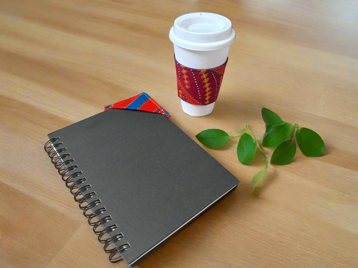 Ethnic, Fabric, Patterned, Handmade Maroon, Orange, Blue, and Gold Cup Sleeve - Gezia Accents