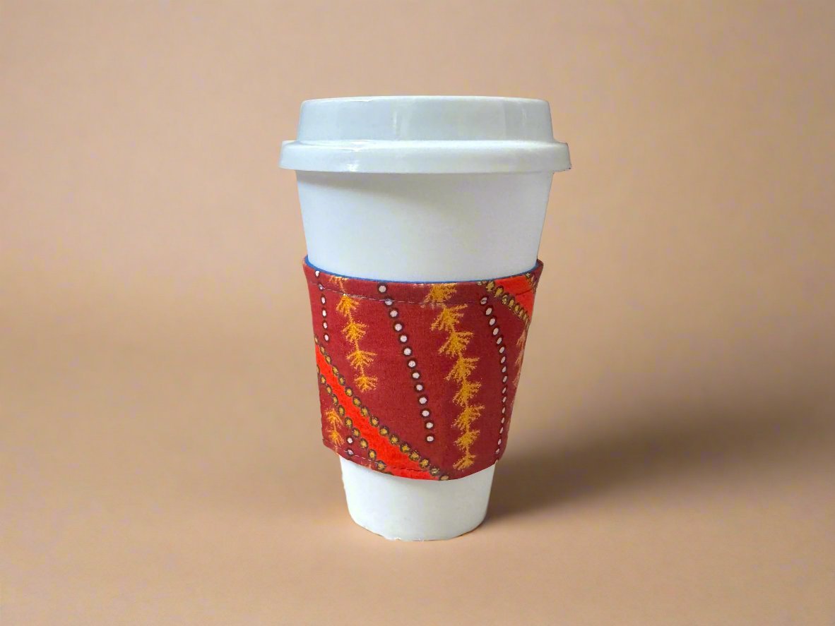 Ethnic, Fabric, Patterned, Handmade Maroon, Orange, Blue, and Gold Cup Sleeve - Gezia Accents