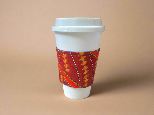 Ethnic, Fabric, Patterned, Handmade Maroon, Orange, Blue, and Gold Cup Sleeve - Gezia Accents