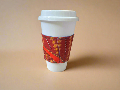 Ethnic, Fabric, Patterned, Handmade Maroon, Orange, Blue, and Gold Cup Sleeve - Gezia Accents
