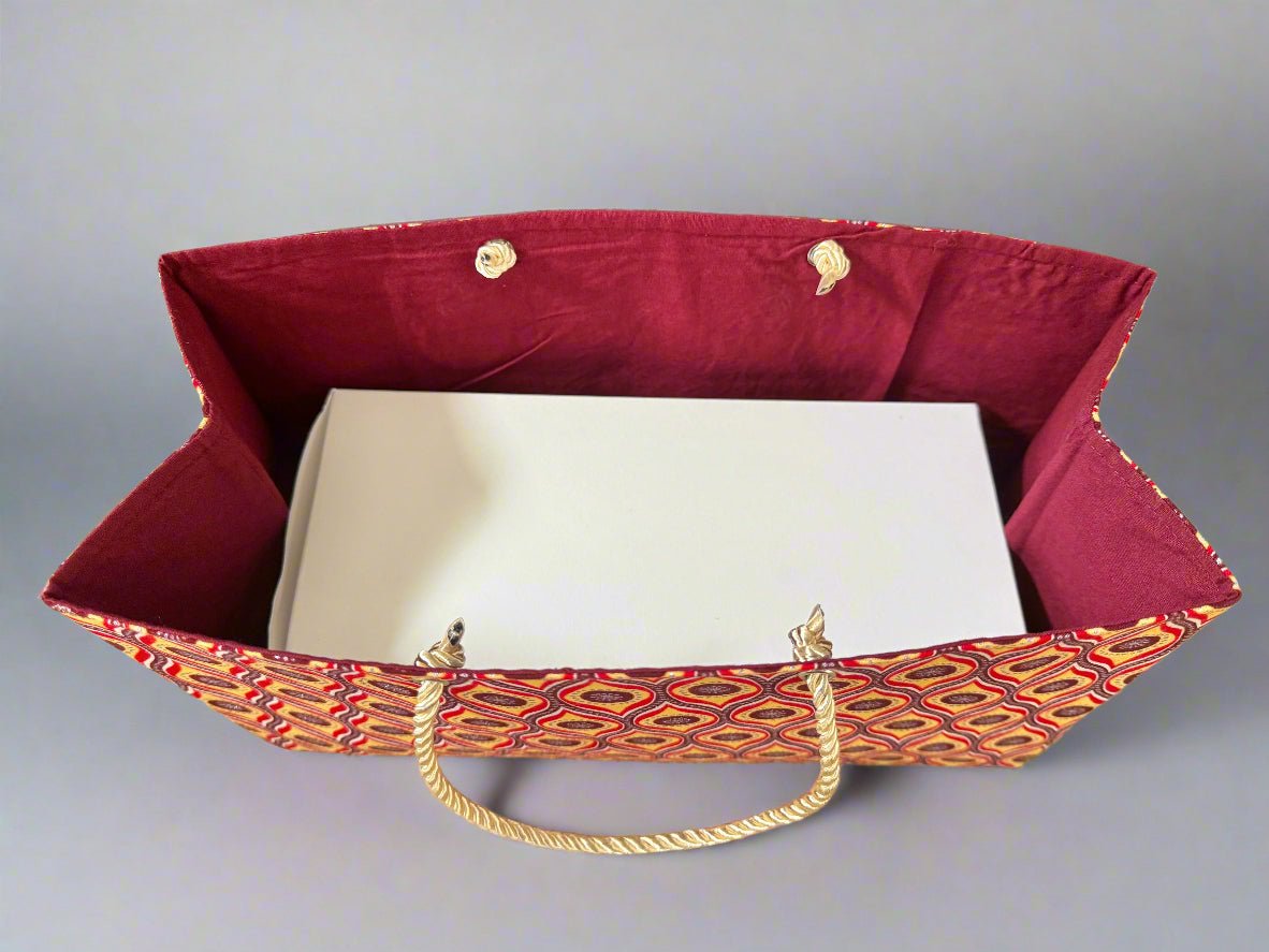 Ethnic, Fabric, Patterned, Handmade Maroon, Red, Beige and Silver Medium Horizontal Bag - Gezia Accents