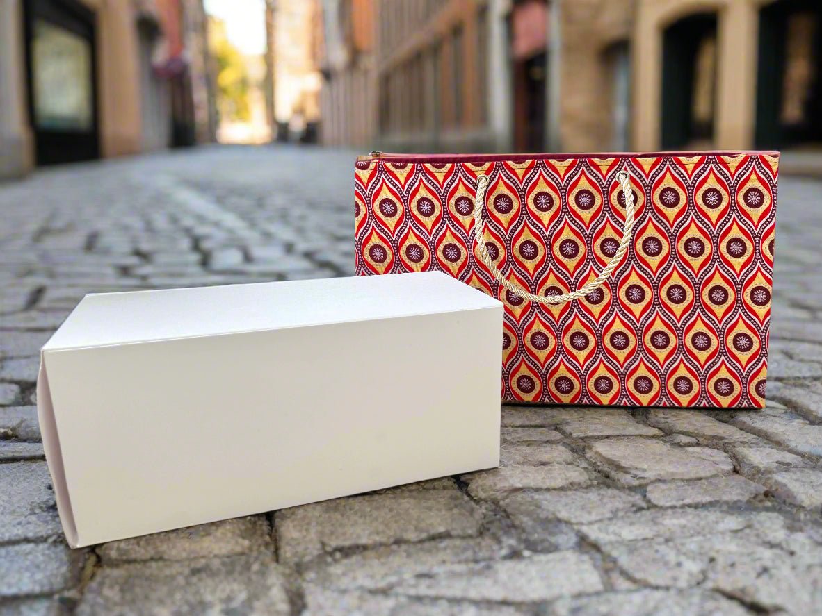 Ethnic, Fabric, Patterned, Handmade Maroon, Red, Beige and Silver Medium Horizontal Bag - Gezia Accents