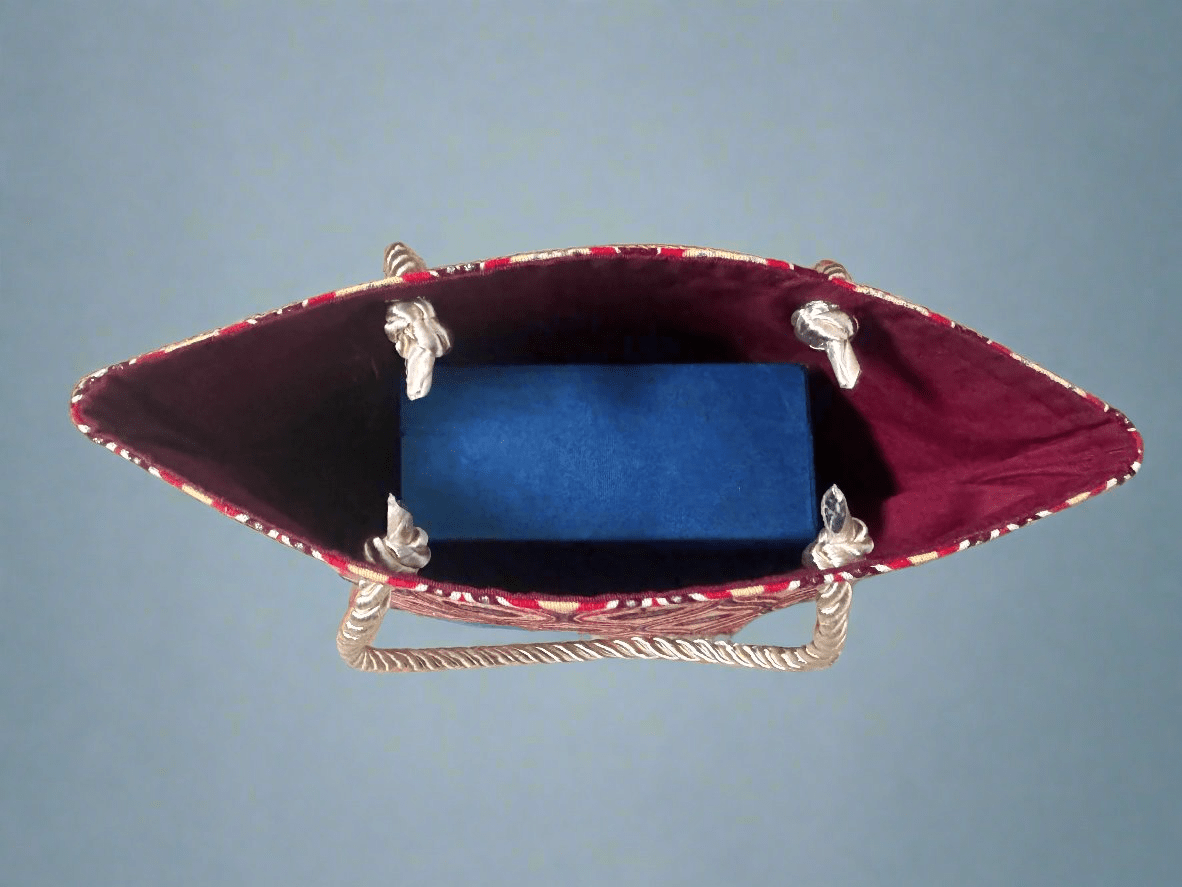 Ethnic, Fabric, Patterned, Handmade Maroon, Red, Cream and Silver Mini Tote - Gezia Accents