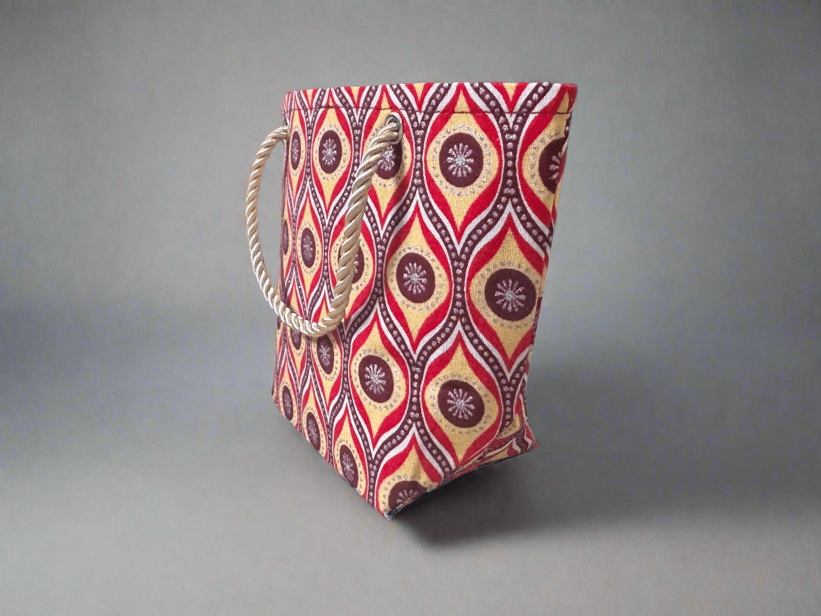 Ethnic, Fabric, Patterned, Handmade Maroon, Red, Cream and Silver Mini Tote - Gezia Accents