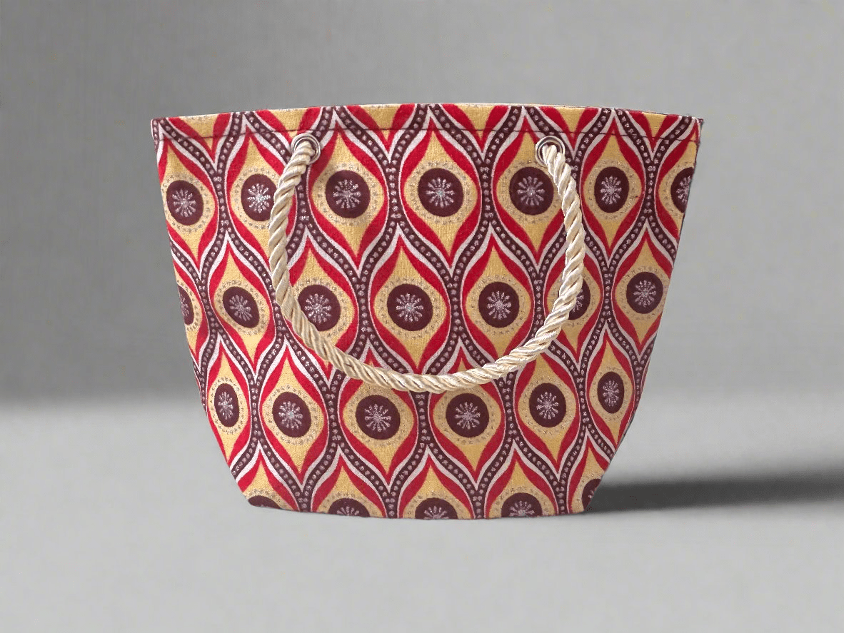 Ethnic, Fabric, Patterned, Handmade Maroon, Red, Cream and Silver Mini Tote - Gezia Accents