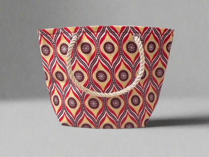 Ethnic, Fabric, Patterned, Handmade Maroon, Red, Cream and Silver Mini Tote - Gezia Accents