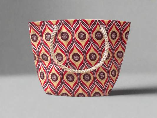 Ethnic, Fabric, Patterned, Handmade Maroon, Red, Cream and Silver Mini Tote - Gezia Accents