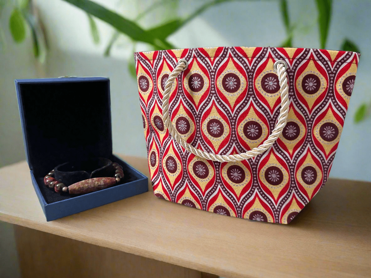 Ethnic, Fabric, Patterned, Handmade Maroon, Red, Cream and Silver Mini Tote - Gezia Accents