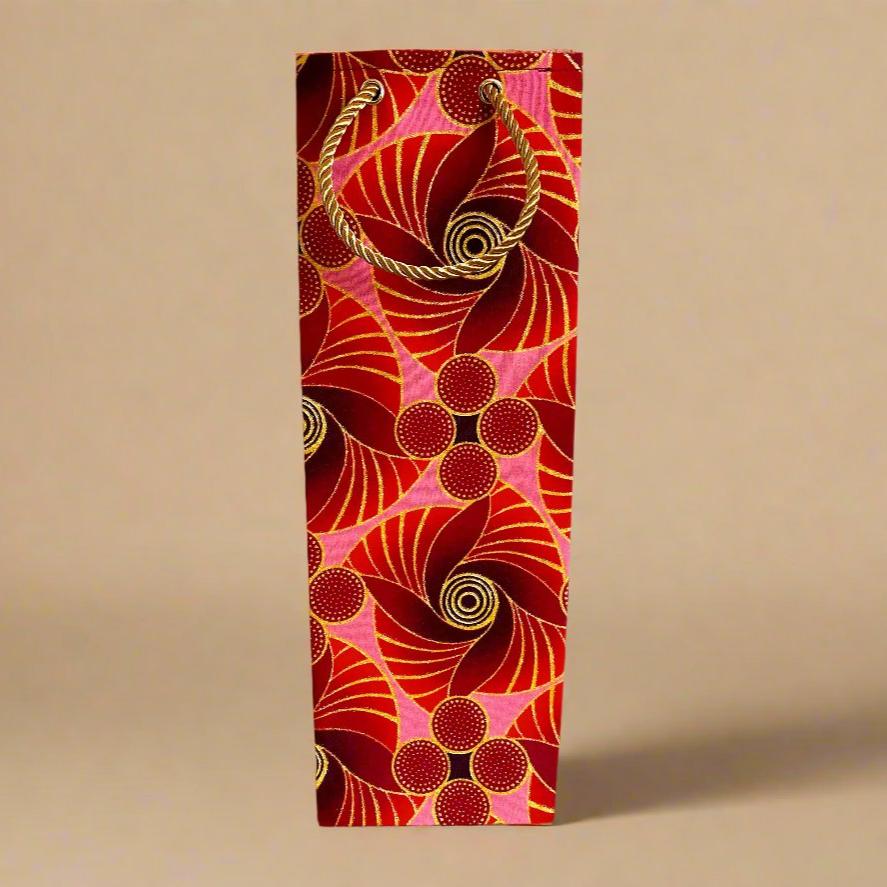 Ethnic, Fabric, Patterned, Handmade Maroon, Red, Pink and Gold Wine Gift Bag - Gezia Accents