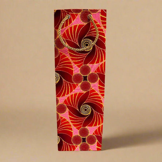 Ethnic, Fabric, Patterned, Handmade Maroon, Red, Pink and Gold Wine Gift Bag - Gezia Accents