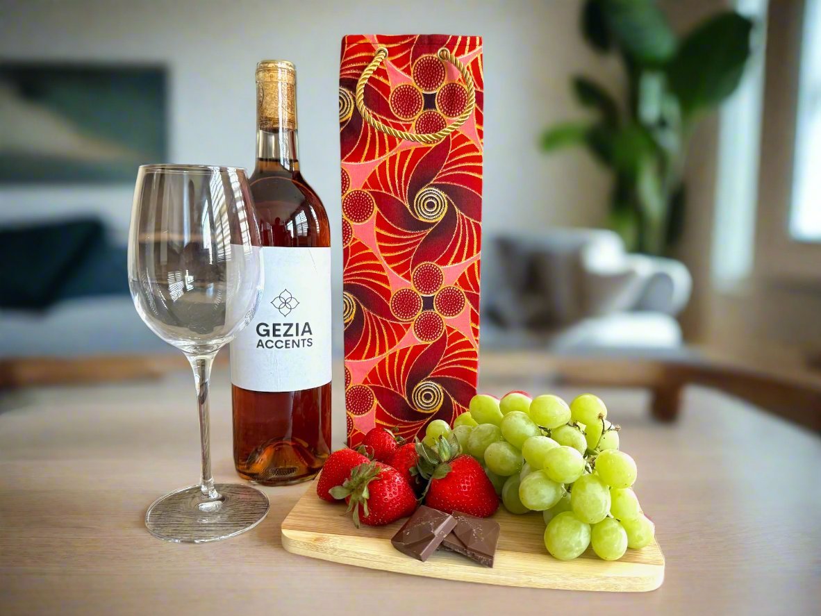 Ethnic, Fabric, Patterned, Handmade Maroon, Red, Pink and Gold Wine Gift Bag - Gezia Accents