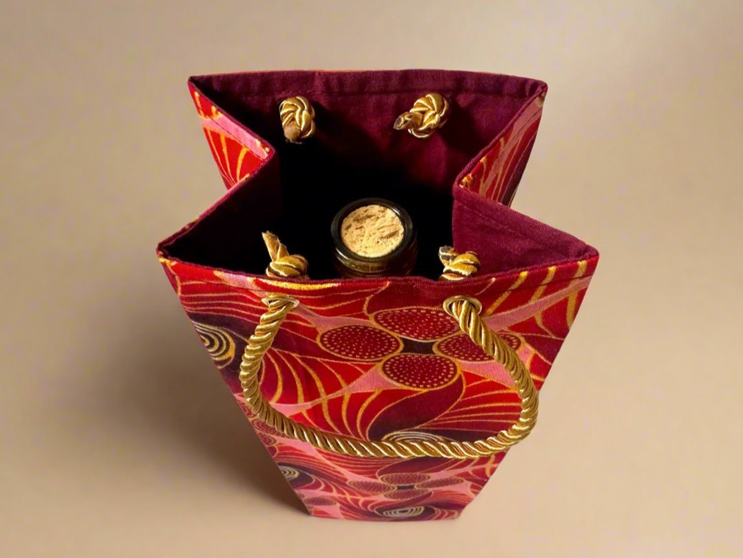 Ethnic, Fabric, Patterned, Handmade Maroon, Red, Pink and Gold Wine Gift Bag - Gezia Accents