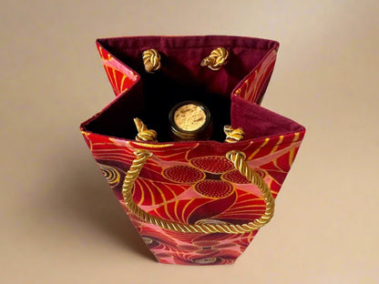 Ethnic, Fabric, Patterned, Handmade Maroon, Red, Pink and Gold Wine Gift Bag - Gezia Accents