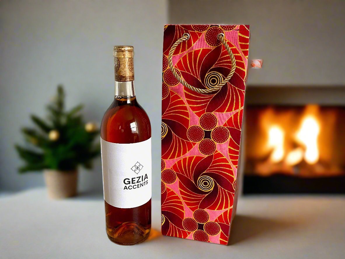 Ethnic, Fabric, Patterned, Handmade Maroon, Red, Pink and Gold Wine Gift Bag - Gezia Accents