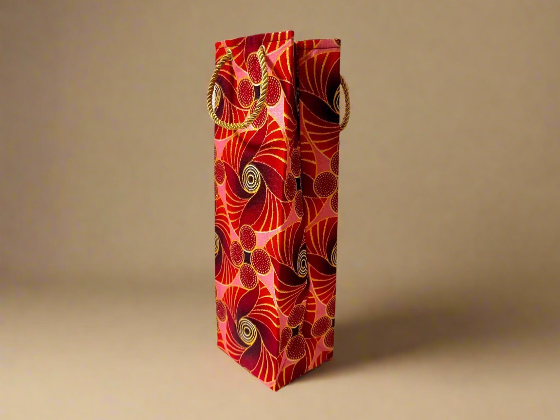 Ethnic, Fabric, Patterned, Handmade Maroon, Red, Pink and Gold Wine Gift Bag - Gezia Accents