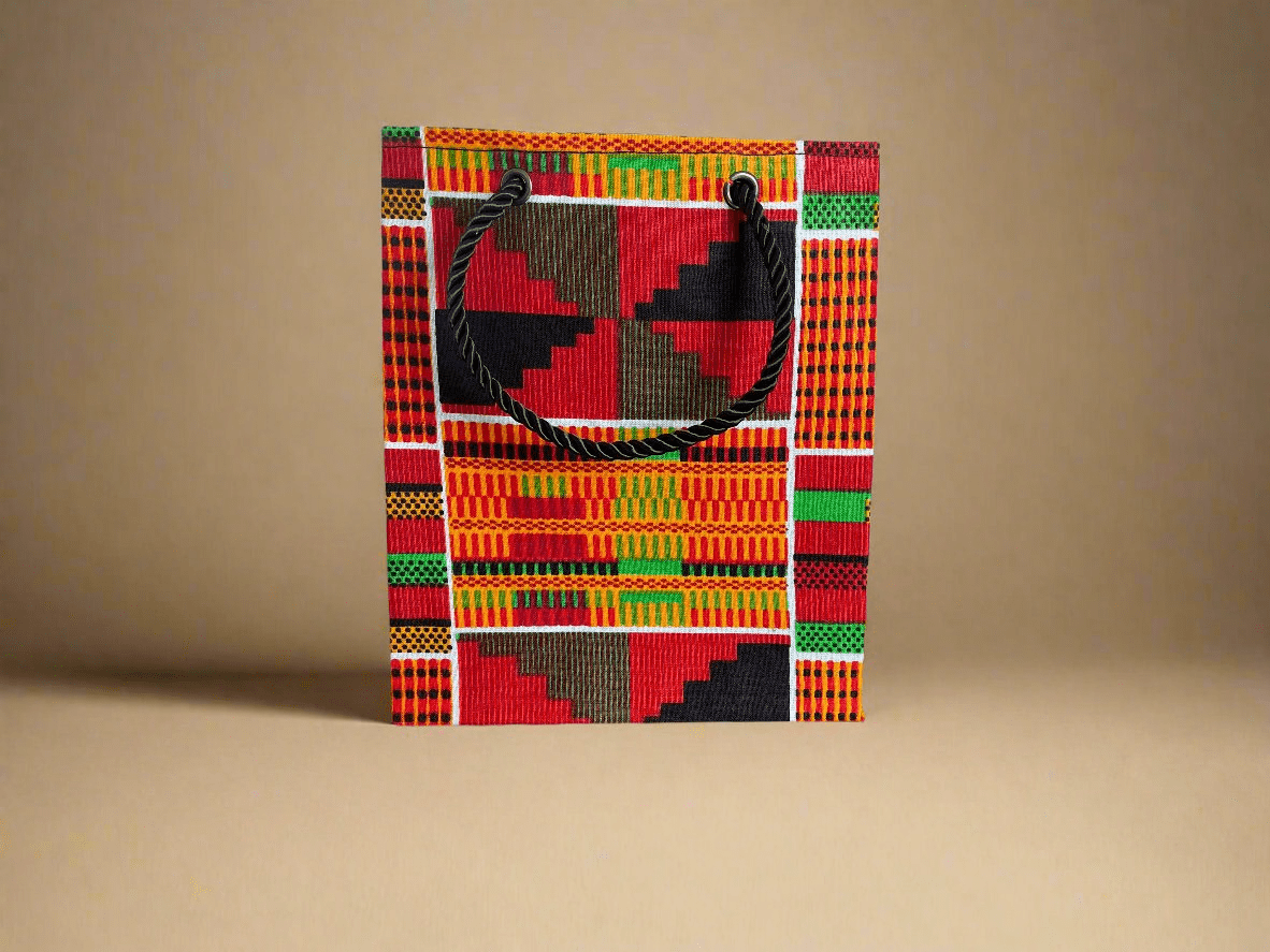 Ethnic, Fabric, Patterned, Handmade Orange, Black, Green, Red, and Yellow Gift Bag - Gezia Accents