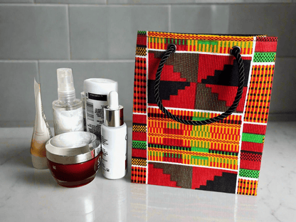 Ethnic, Fabric, Patterned, Handmade Orange, Black, Green, Red, and Yellow Gift Bag - Gezia Accents