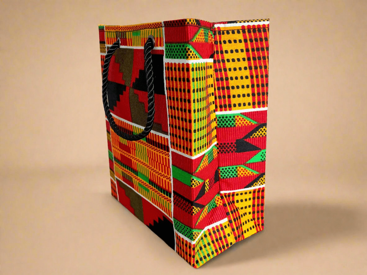 Ethnic, Fabric, Patterned, Handmade Orange, Black, Green, Red, and Yellow Gift Bag - Gezia Accents