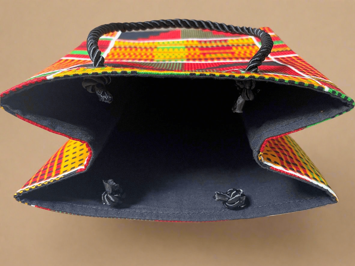 Ethnic, Fabric, Patterned, Handmade Orange, Black, Green, Red, and Yellow Gift Bag - Gezia Accents