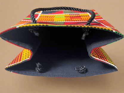 Ethnic, Fabric, Patterned, Handmade Orange, Black, Green, Red, and Yellow Gift Bag - Gezia Accents