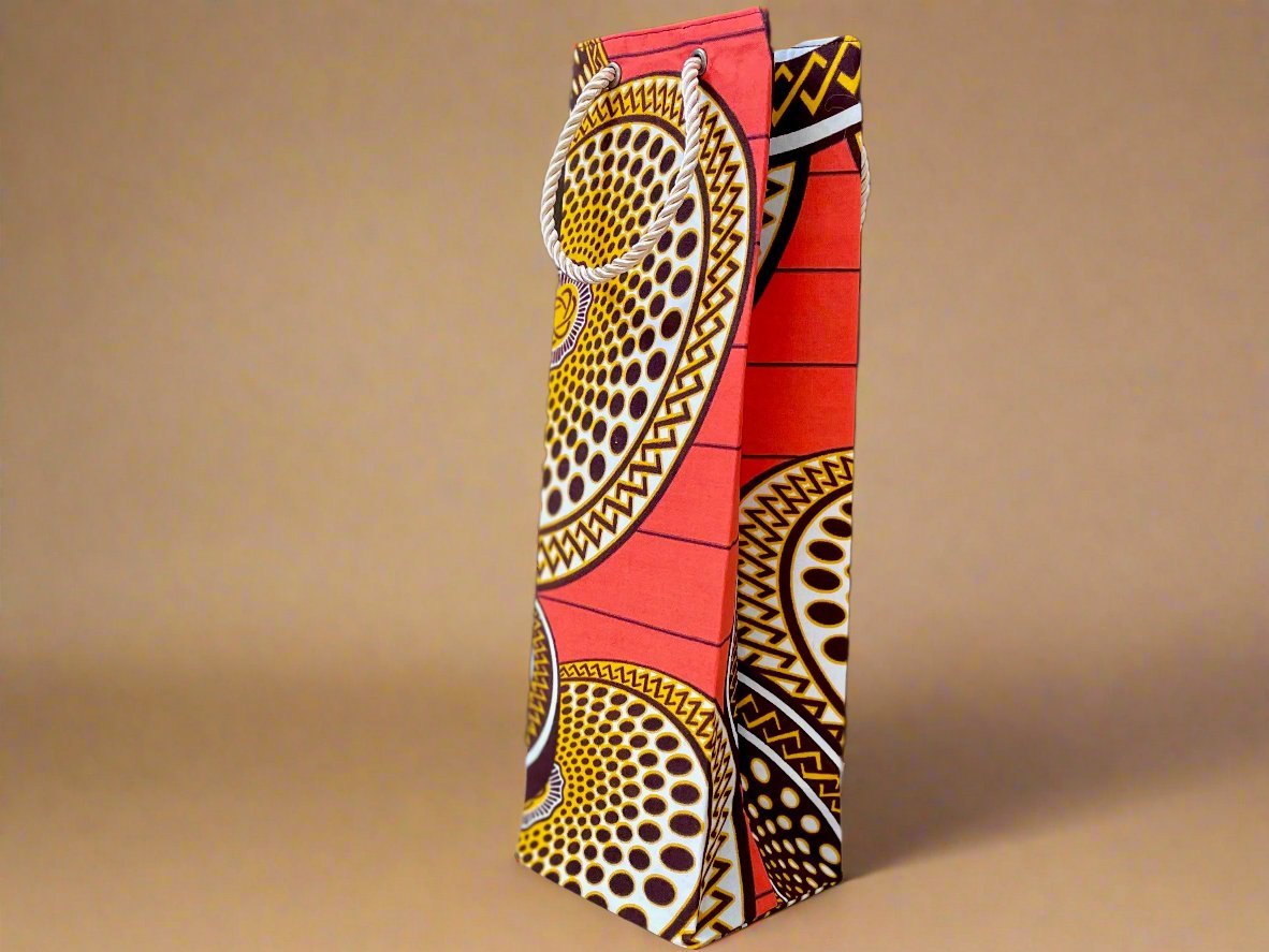 Ethnic, Fabric, Patterned, Handmade Orange, Dark Brown, Cream, and Gold Wine Gift Bag - Gezia Accents