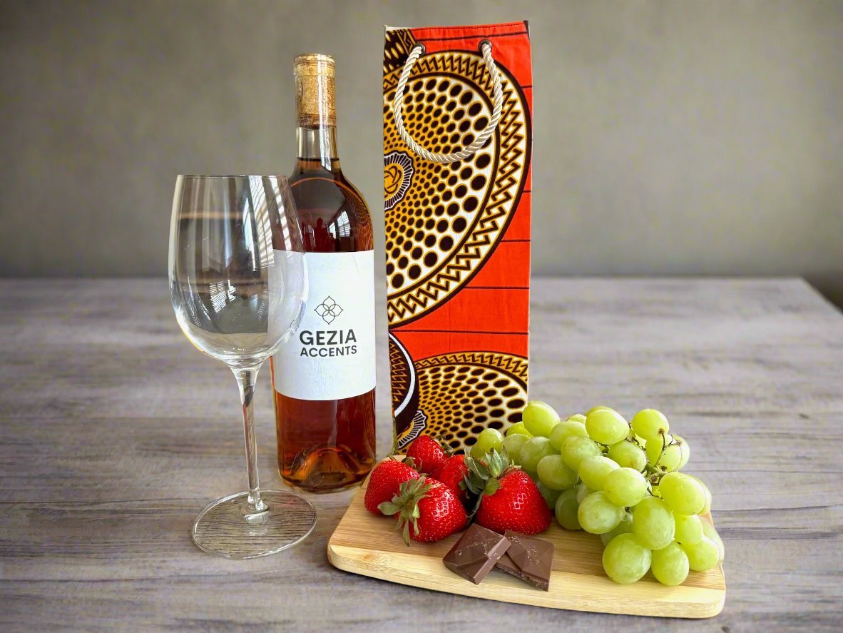 Ethnic, Fabric, Patterned, Handmade Orange, Dark Brown, Cream, and Gold Wine Gift Bag - Gezia Accents