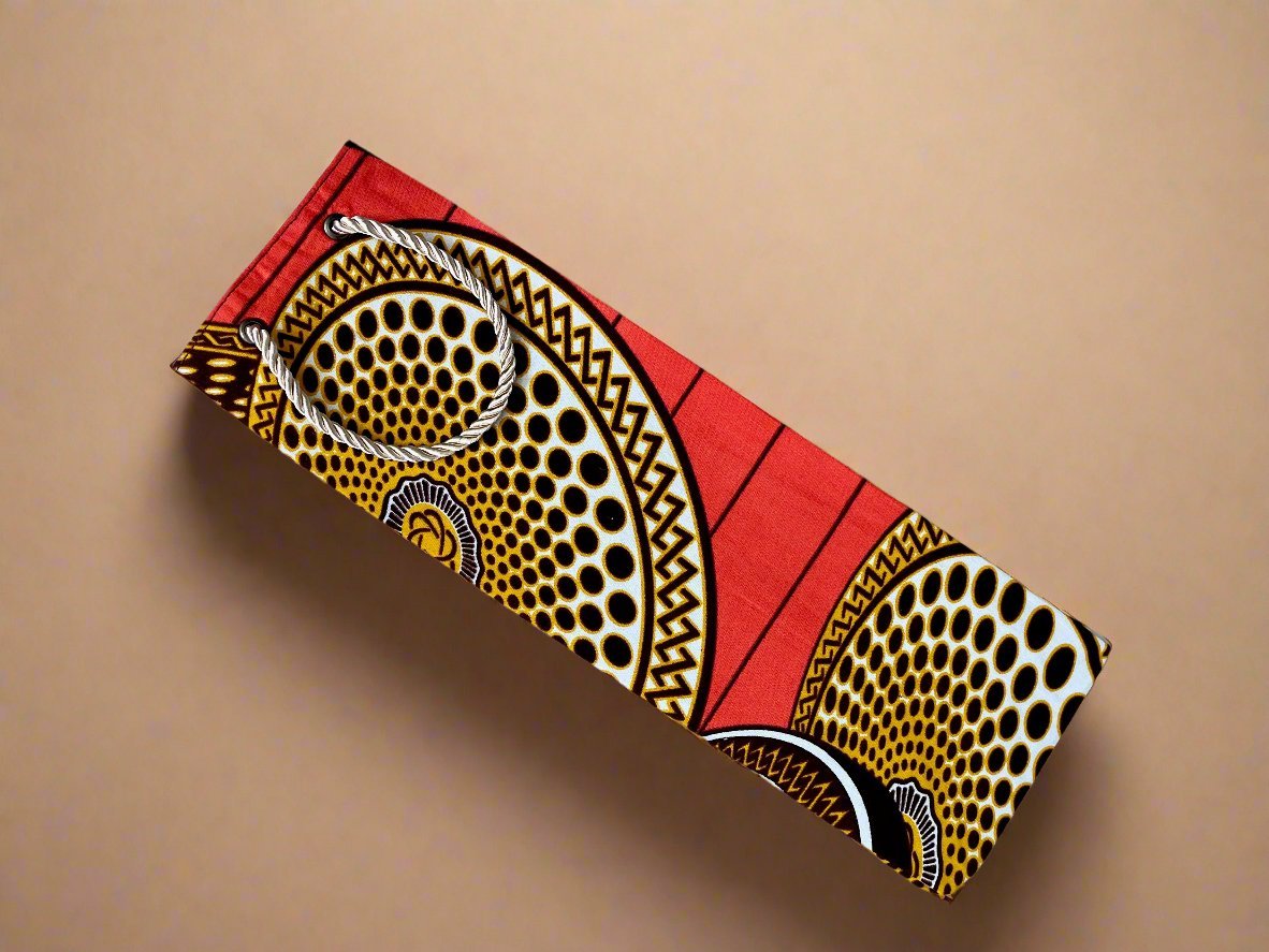 Ethnic, Fabric, Patterned, Handmade Orange, Dark Brown, Cream, and Gold Wine Gift Bag - Gezia Accents