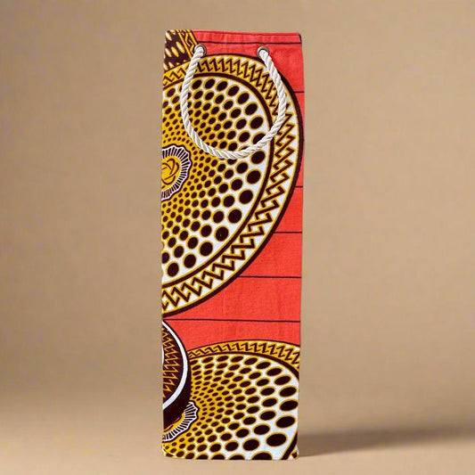 Ethnic, Fabric, Patterned, Handmade Orange, Dark Brown, Cream, and Gold Wine Gift Bag - Gezia Accents